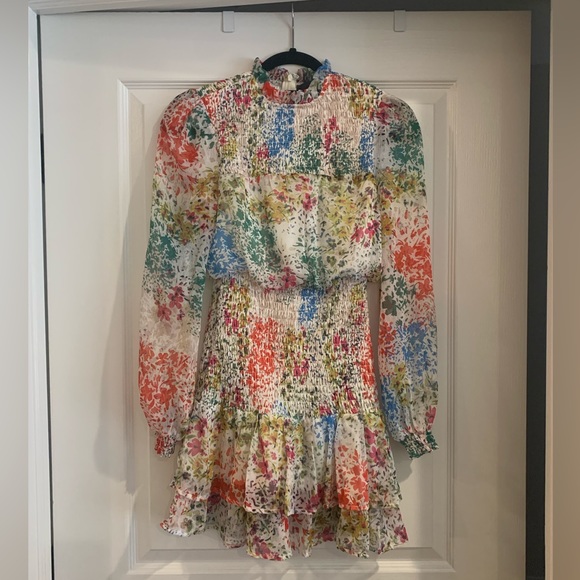 Aqua Floral Smocked Mini Dress - Picture 2 of 3